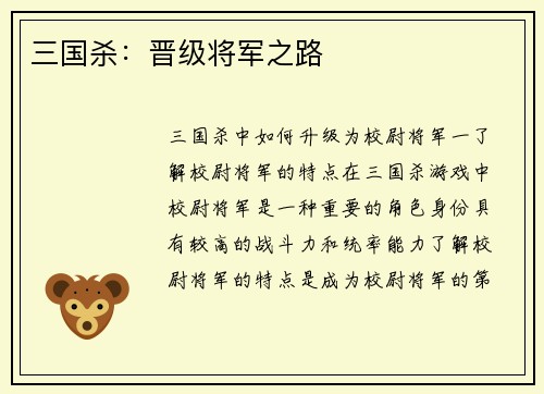 三国杀：晋级将军之路